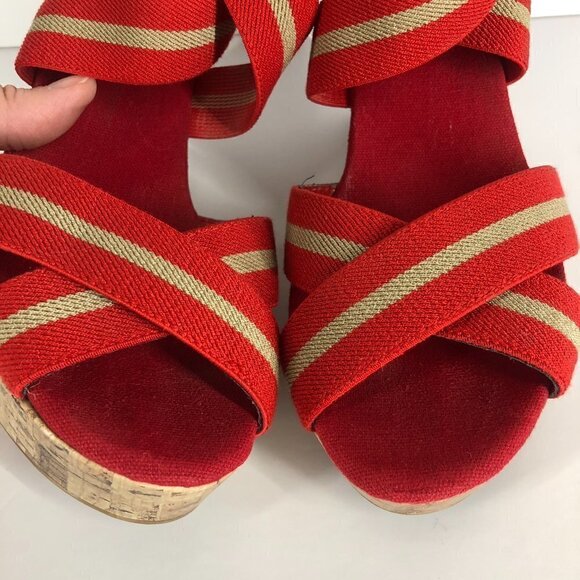 Merona Red Tan Stripe Elastic‎ Straps Cork Wedge Summer Sandals Sz 8.5 - Picture 8 of 14